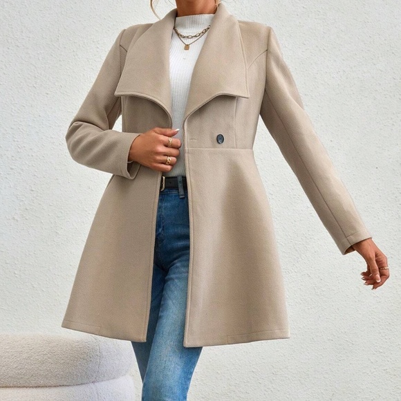 Classic Wide Collar Flare Hem Button Oversized Pea Coat - Picture 10 of 13